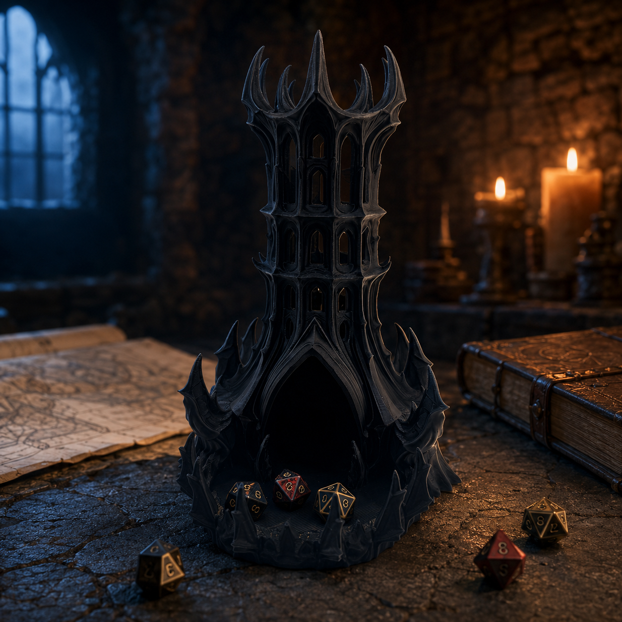 Gothic Dice Tower with Catching Tray, Dark Fantasy Tabletop RPG Accessory, 3D Printed Dice Roller, Game Master Gift