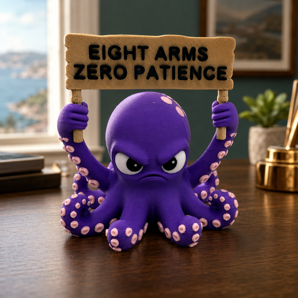A purple cartoon octopus figurine with eight arms and pink suction cups holds a wooden sign that reads 'EIGHT ARMS ZERO PATIENCE' in black letters, placed on a dark wooden table in a room setting.