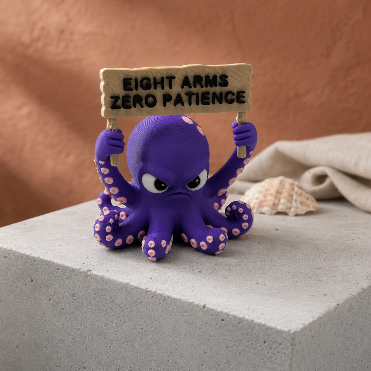 A purple octopus figurine with pink suction cups holds a wooden sign that reads 'EIGHT ARMS ZERO PATIENCE.' The octopus is posed on a light gray stone block with a beige draped fabric and a small shell in the background against a warm terracotta wall.