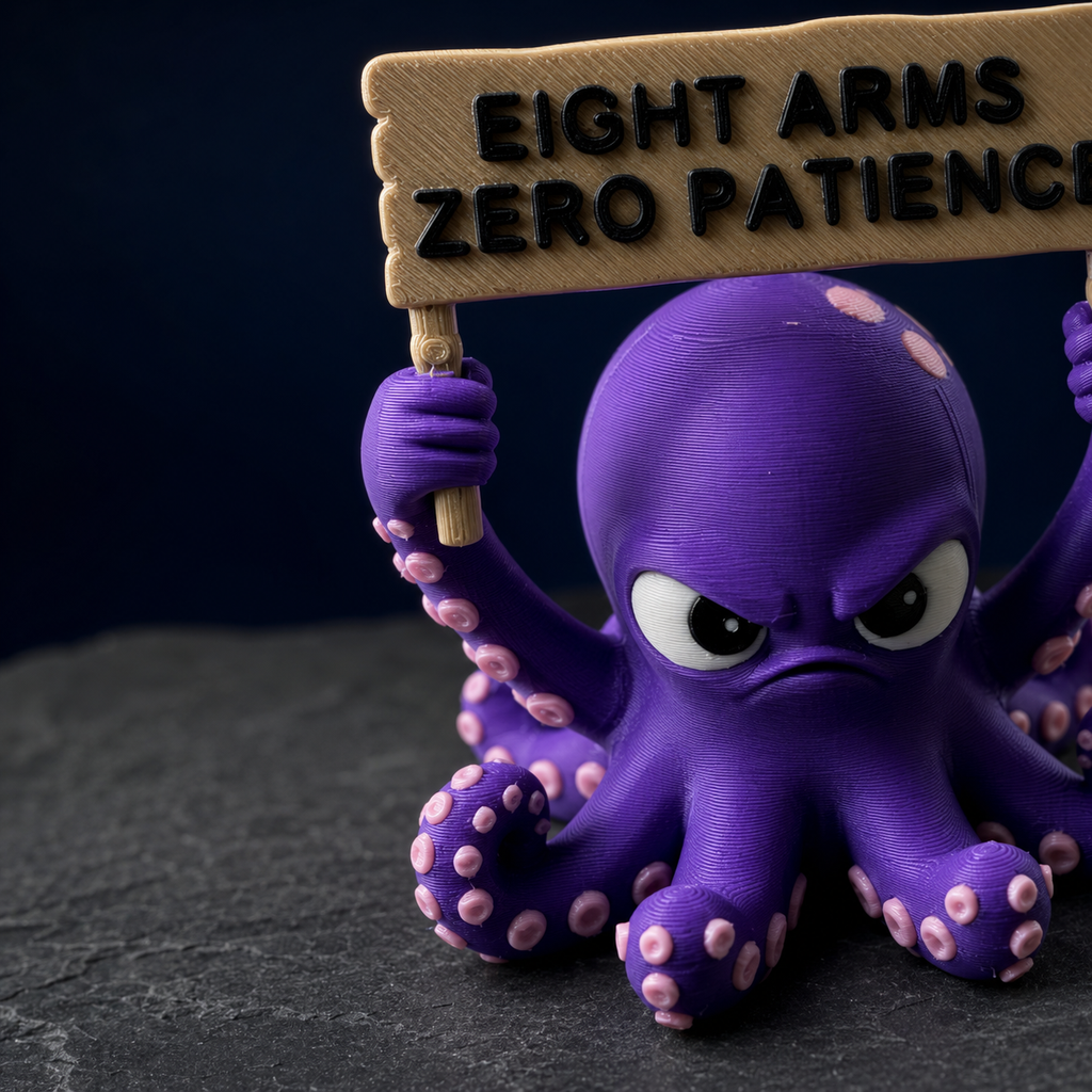 A purple 3D-printed octopus figurine with pink suction cups holds a wooden sign that reads 'EIGHT ARMS ZERO PATIENCE' against a dark blue and gray background.