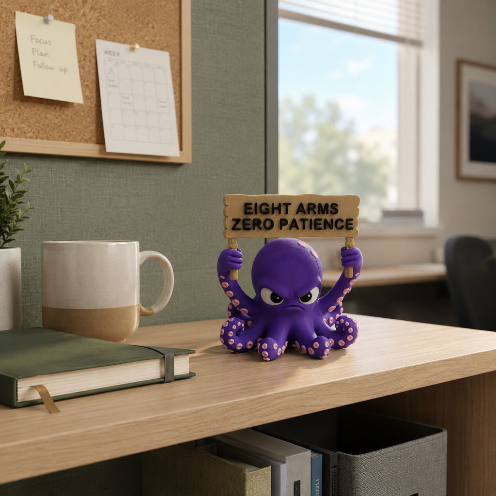A purple cartoon octopus figurine with angry eyes holds a small wooden sign that reads 'EIGHT ARMS ZERO PATIENCE' on a light wood desk in an office setting.