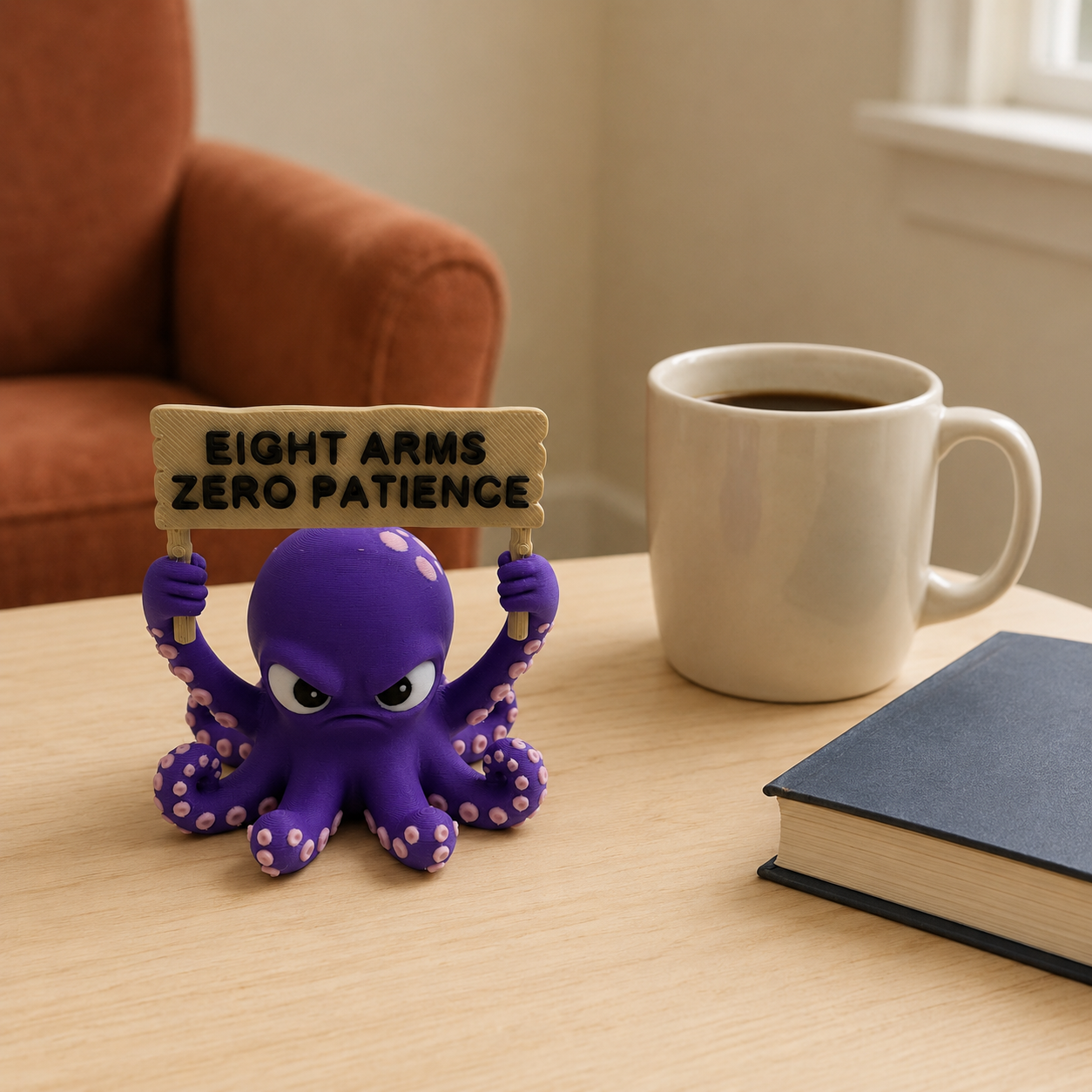 A purple octopus figurine with eight arms holds a wooden sign that reads 'EIGHT ARMS ZERO PATIENCE' while sitting on a light wood table next to a white coffee mug and a book, with a blurred brown armchair in the background.