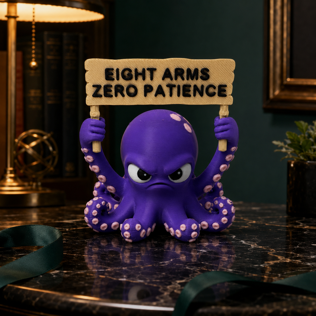 A purple cartoon octopus figurine holding a beige sign that reads 'EIGHT ARMS ZERO PATIENCE' in black letters, placed on a dark marble surface in an indoor room with a lamp, books, and framed wall decor in the background.