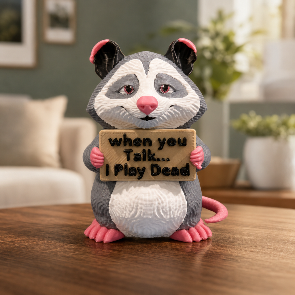 A small gray and white opossum figurine holding a wooden sign that reads 'when you Talk.