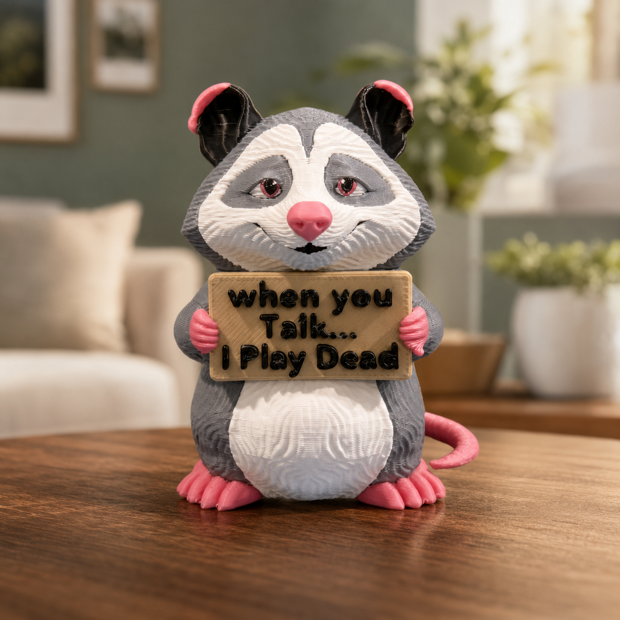A small gray and white opossum figurine holding a wooden sign that reads 'when you Talk.