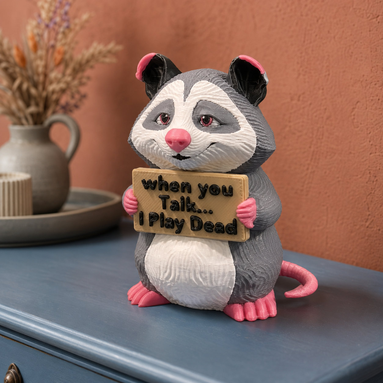 A realistic possum figurine holding a wooden sign that reads 'when you Talk.