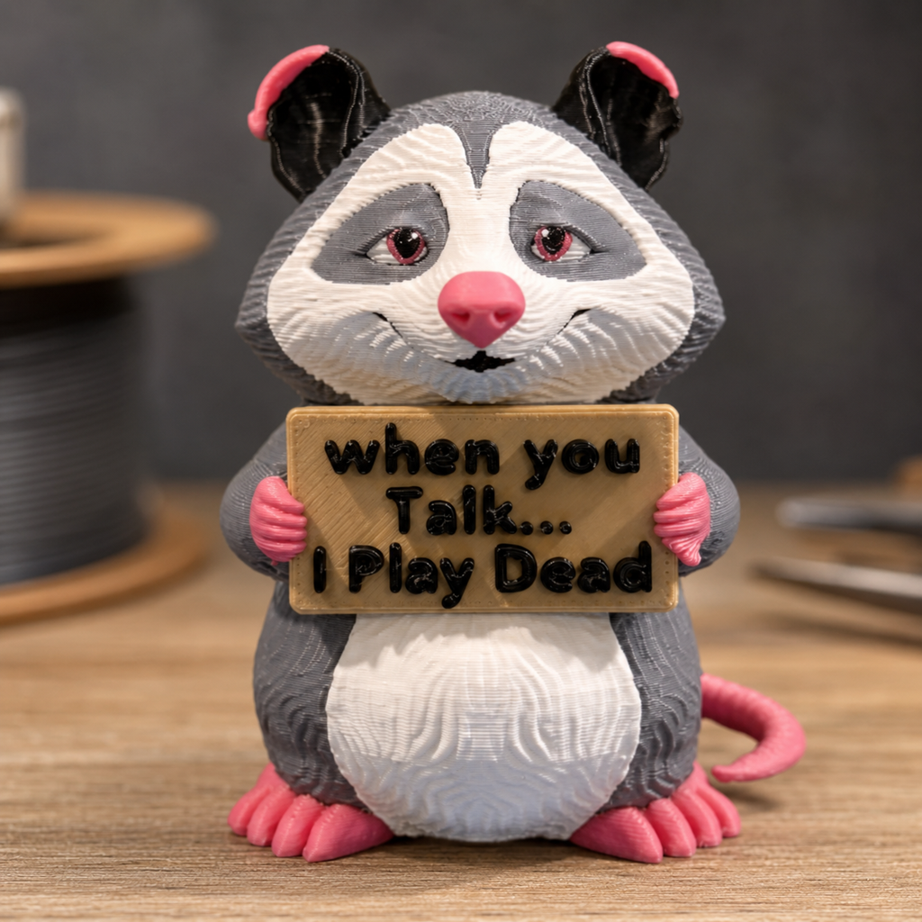 A small potted figurine of a gray and white possum holding a wooden sign that reads 'when you Talk.