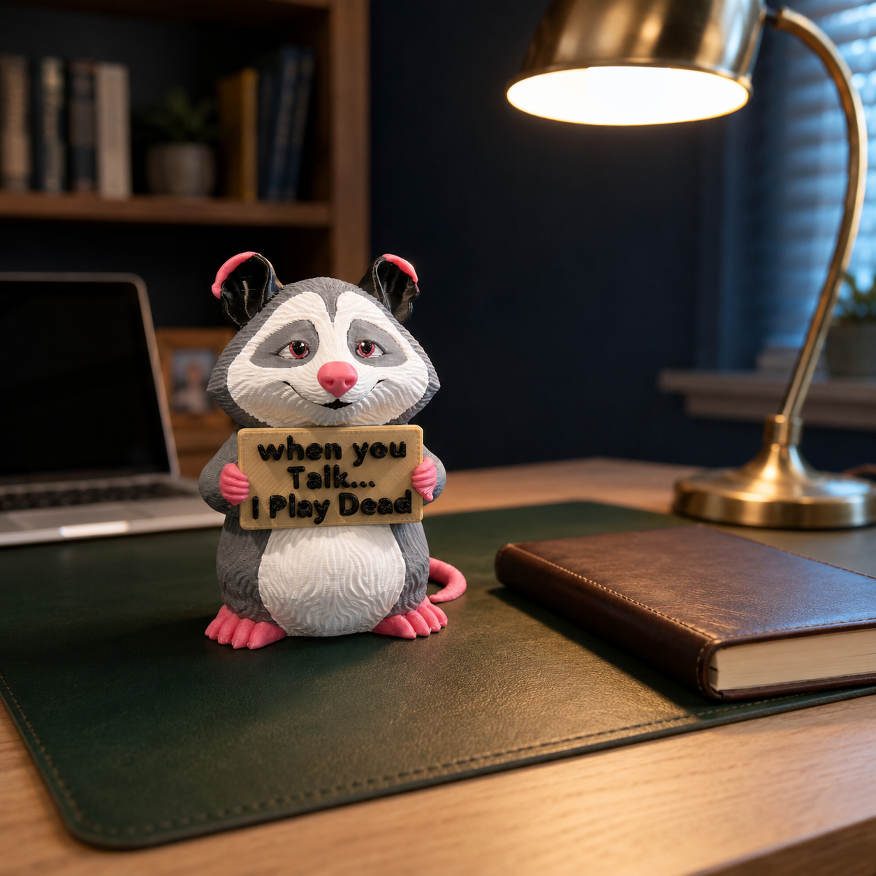 A small gray and white opossum figurine with pink feet and ears stands on a desk holding a sign that reads 'when you Talk.