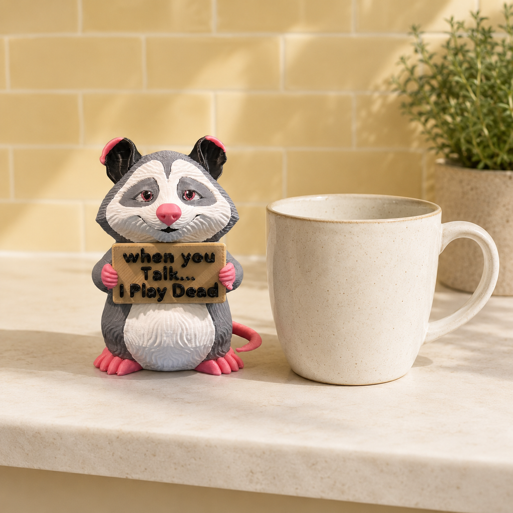 A small gray and white opossum figurine holding a sign that reads 'when you Talk.