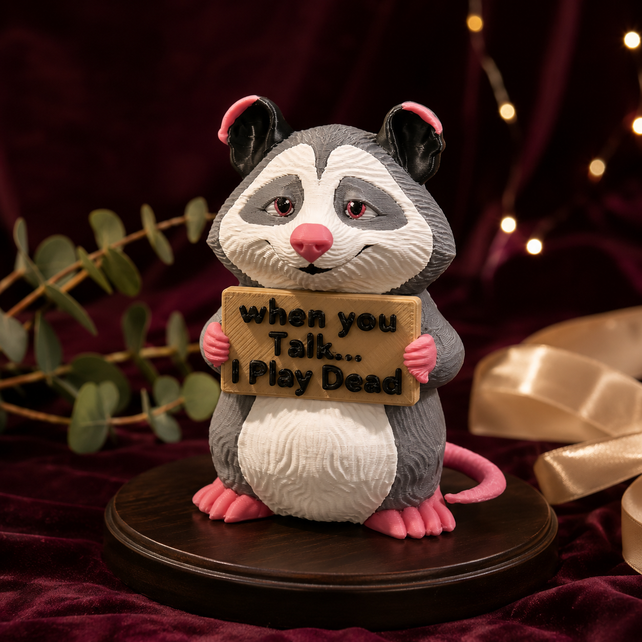 A small gray and white opossum figurine with pink ears, pink paws, and a pink tail stands on a dark round base, holding a sign that reads 'when you talk.