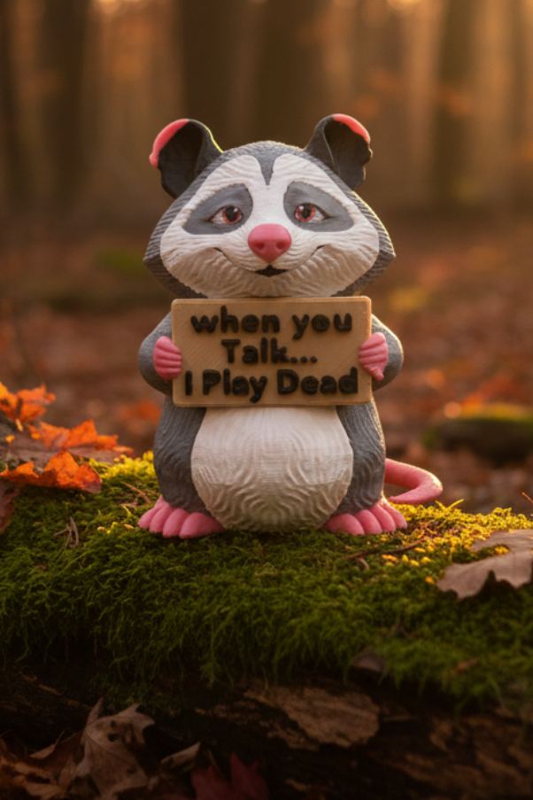 Animated opossum figurine holding a sign with humorous text on a gray background