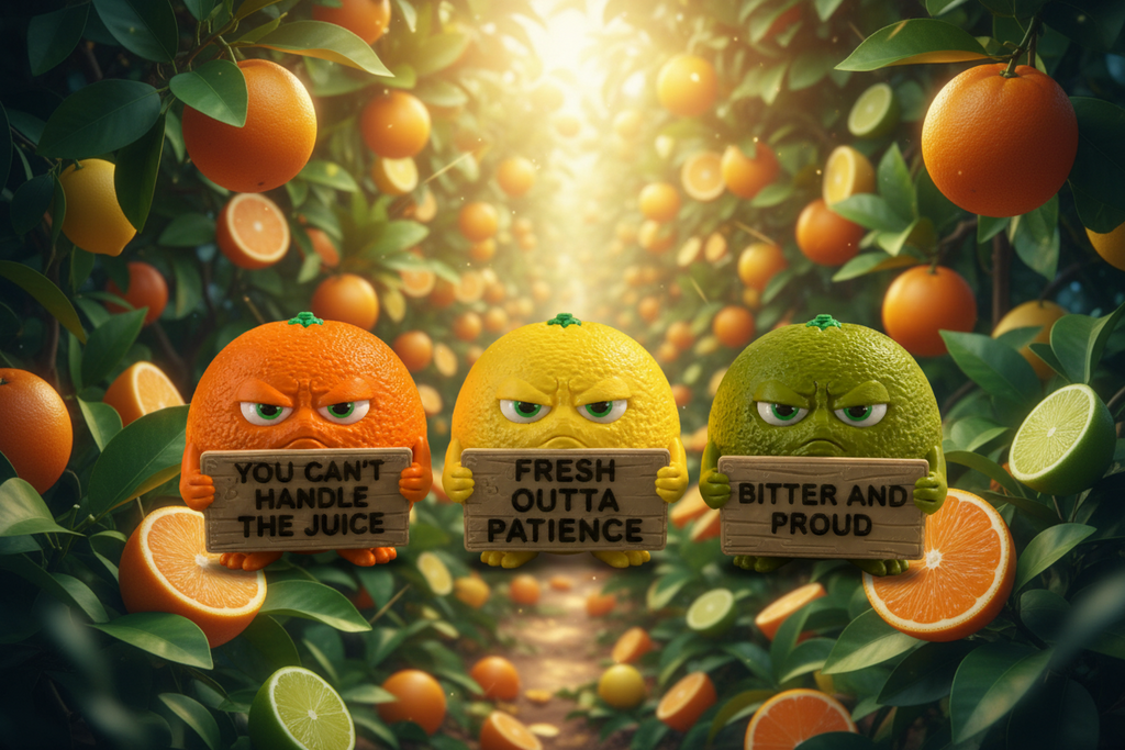 Three cartoon-like citrus fruits with signs in an orange grove.