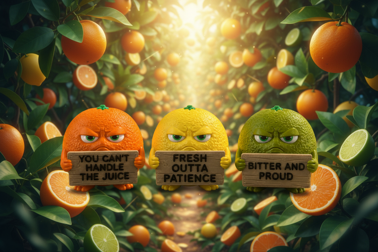 Three cartoon-like citrus fruits with signs in an orange grove.