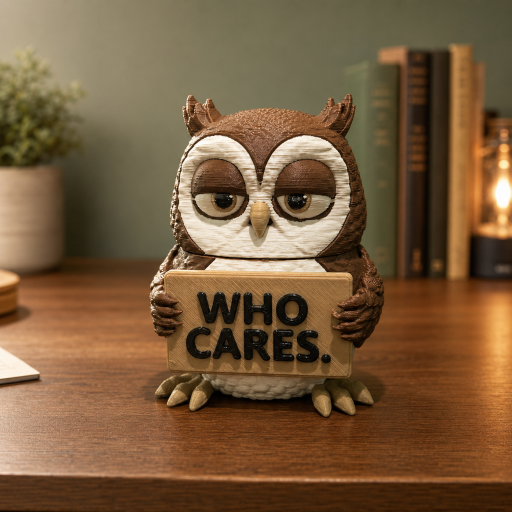 An owl figurine holding a wooden sign that reads 'WHO CARES.' sits on a wooden table in a softly lit room with books and a plant in the background.