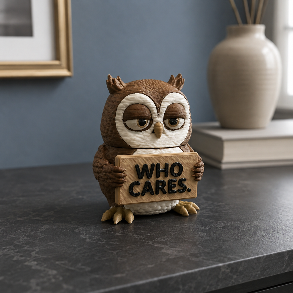 A small owl figurine holding a wooden sign that reads 'WHO CARES.' in black letters, placed on a dark tabletop in a styled interior setting with a blue wall, framed art, books, and a vase in the background.