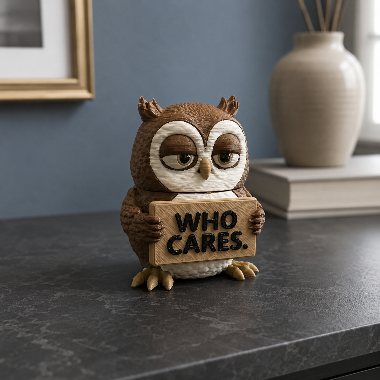 A small owl figurine holding a wooden sign that reads 'WHO CARES.' in black letters, placed on a dark tabletop in a styled interior setting with a blue wall, framed art, books, and a vase in the background.