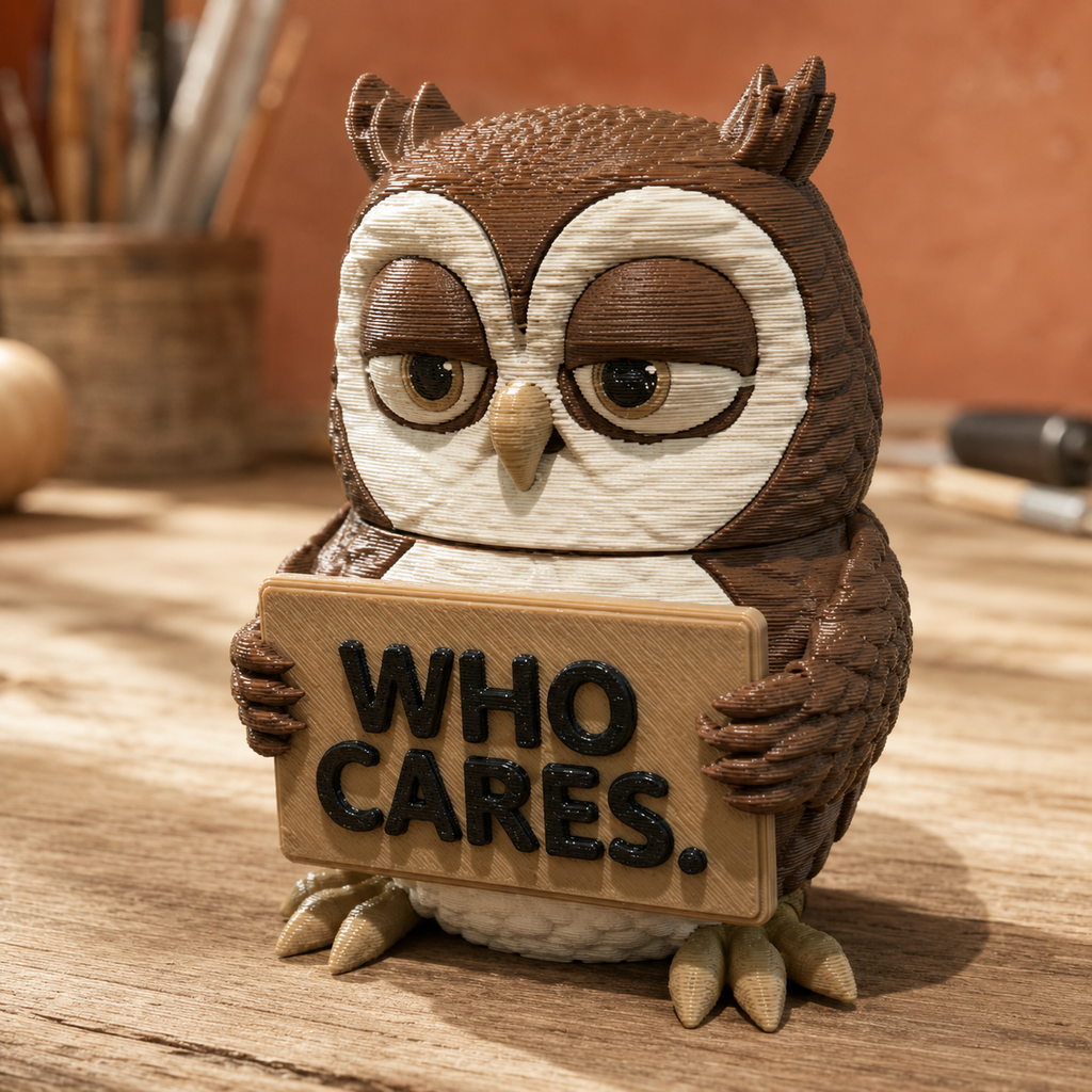 A 3D-printed owl figurine holding a wooden sign that reads 'WHO CARES.' in black letters, set on a wooden tabletop with a warm, blurred background.