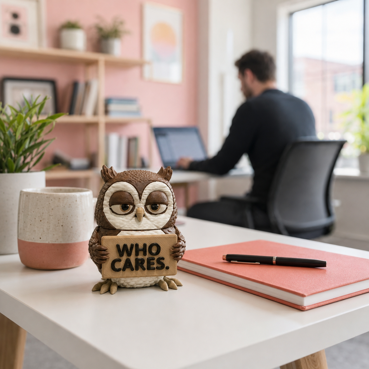 A small owl figurine holding a sign that says 'WHO CARES.' sits on a white desk in a bright home office setting, with a notebook, pen, mug, and a blurred person working in the background.