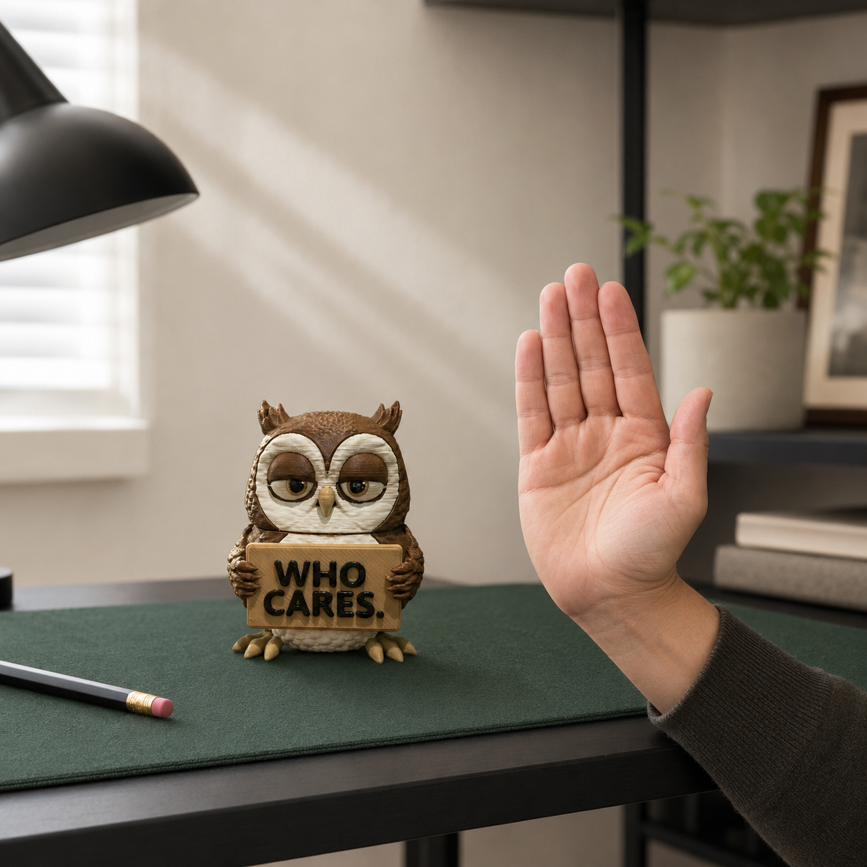 A small owl figurine holding a sign that says 'WHO CARES.' sits on a dark green desk mat.