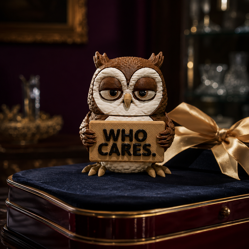 An owl figurine holding a sign that reads 'WHO CARES.' in black letters, displayed on a dark blue velvet-covered box with gold trim and a gold ribbon bow in the background.