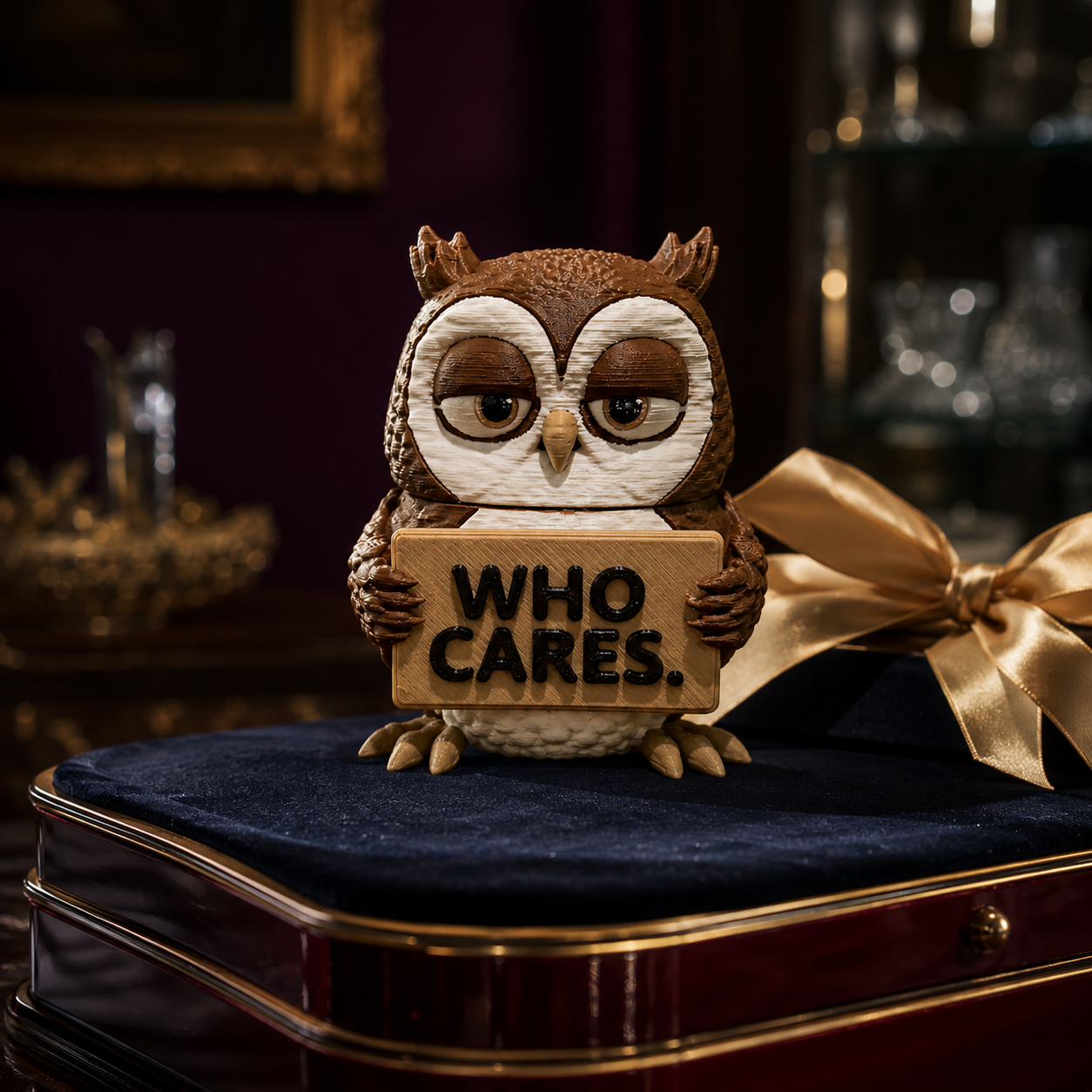 An owl figurine holding a sign that reads 'WHO CARES.' in black letters, displayed on a dark blue velvet-covered box with gold trim and a gold ribbon bow in the background.