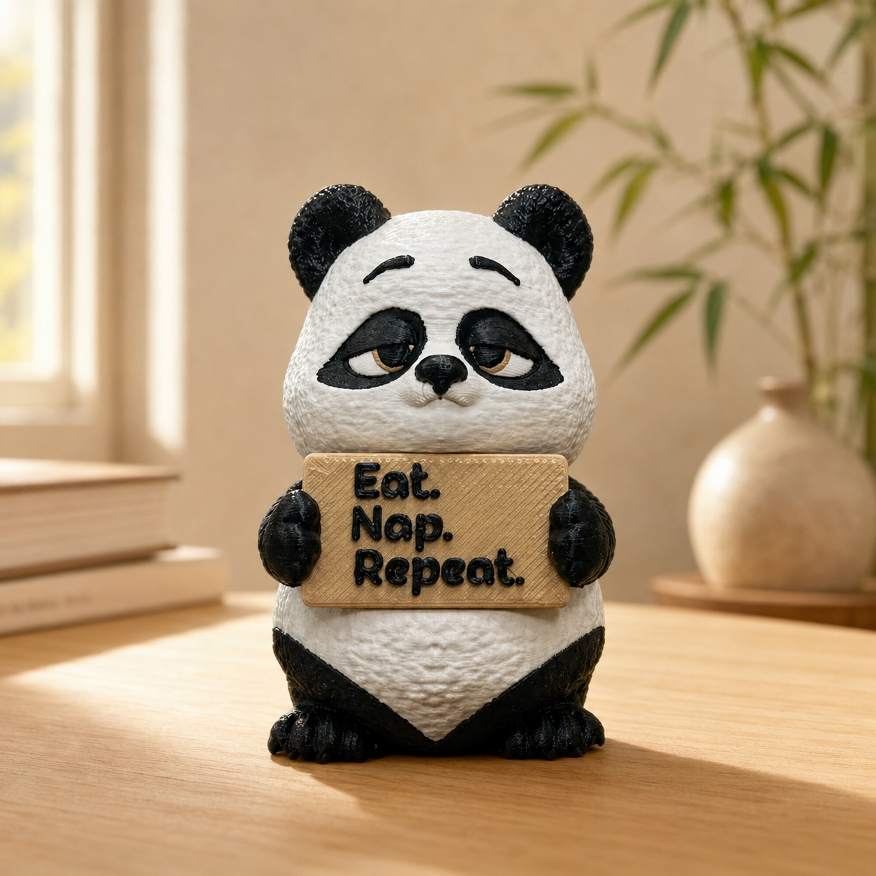 A small panda figurine sitting on a wooden table, holding a sign that reads 'Eat. Nap.