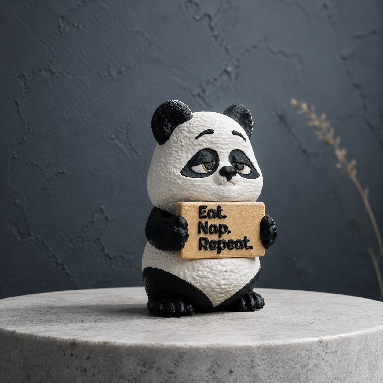 A small panda figurine sitting on a round stone pedestal, holding a wooden sign that reads 'Eat. Nap.