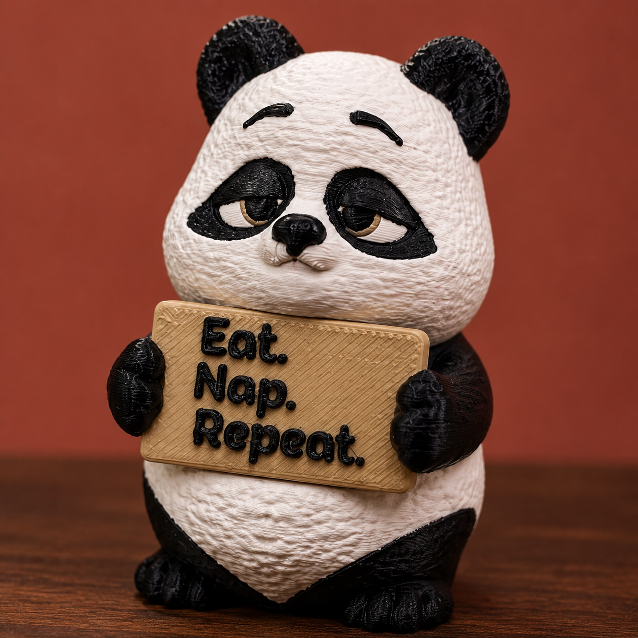 A panda figurine holding a tan sign that reads 'Eat. Nap. Repeat.' against a warm reddish-brown background.