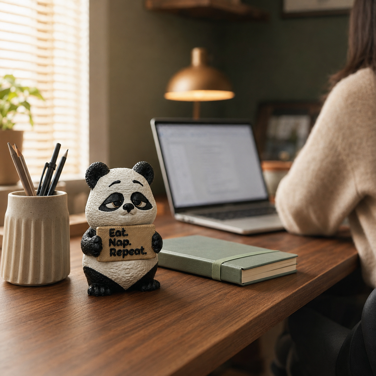 A small panda-shaped desk accessory holding the words 'Eat. Nap.