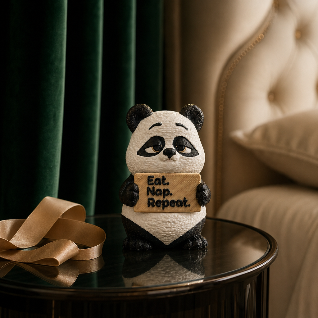A small panda figurine holding a sign that reads 'Eat. Nap.