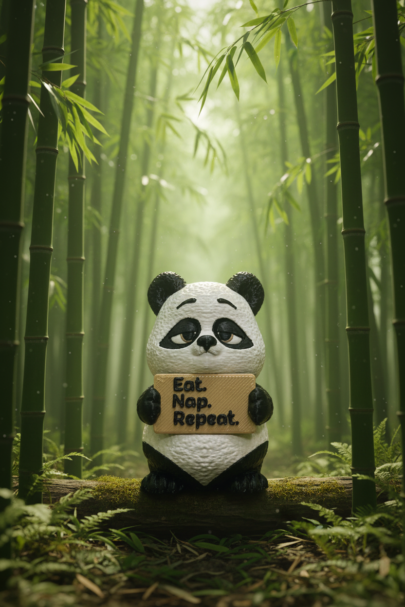 Panda figurine holding a sign with text in a bamboo forest