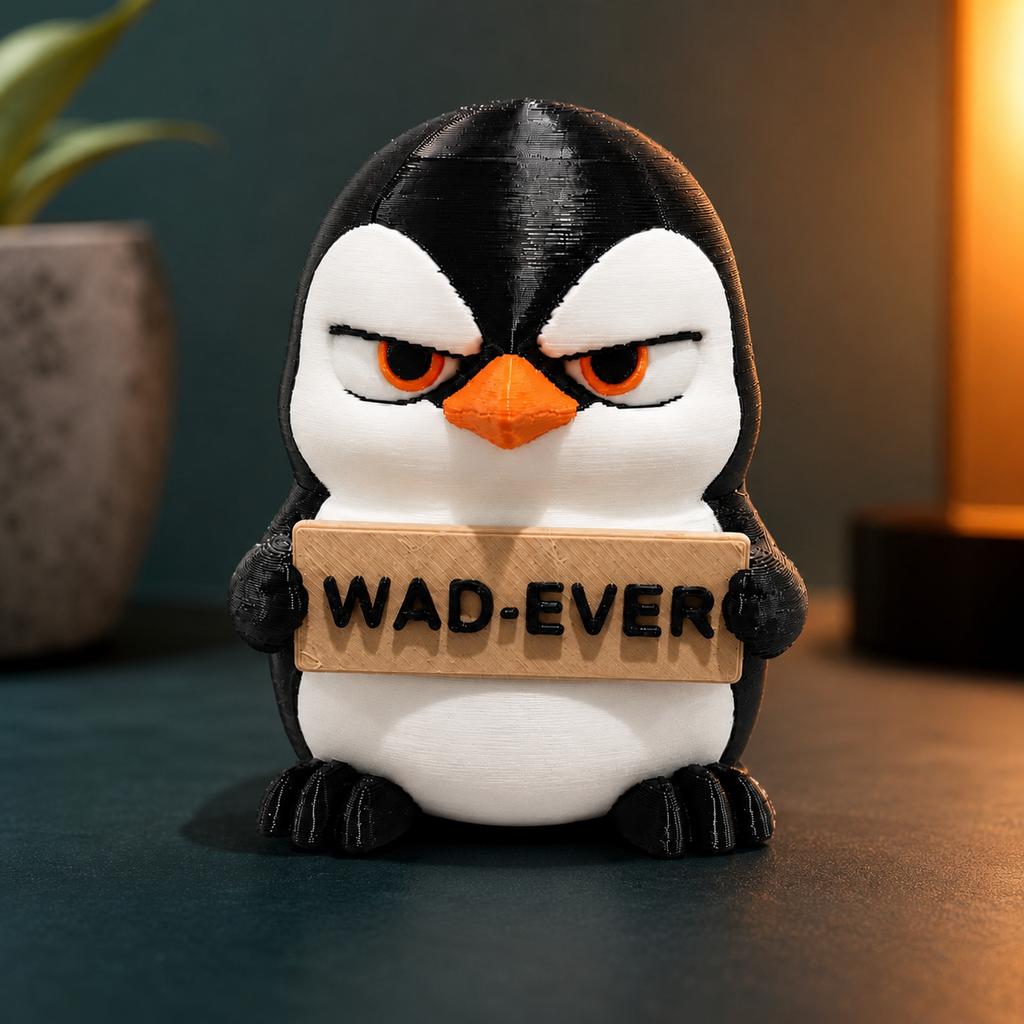 A penguin-shaped plush toy or figurine with a black-and-white body, orange beak, and an expression of annoyance, holding a cardboard sign that reads “WAD-EVER.” The toy is photographed on a dark tabletop with a blurred indoor background and a plant at left.