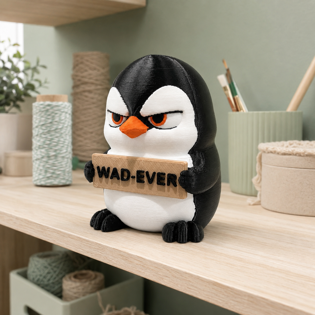 A penguin-shaped decorative object sitting on a light wood shelf, holding a cardboard sign that reads “WAD-EVER.” The penguin is black and white with an orange beak and orange eyes.