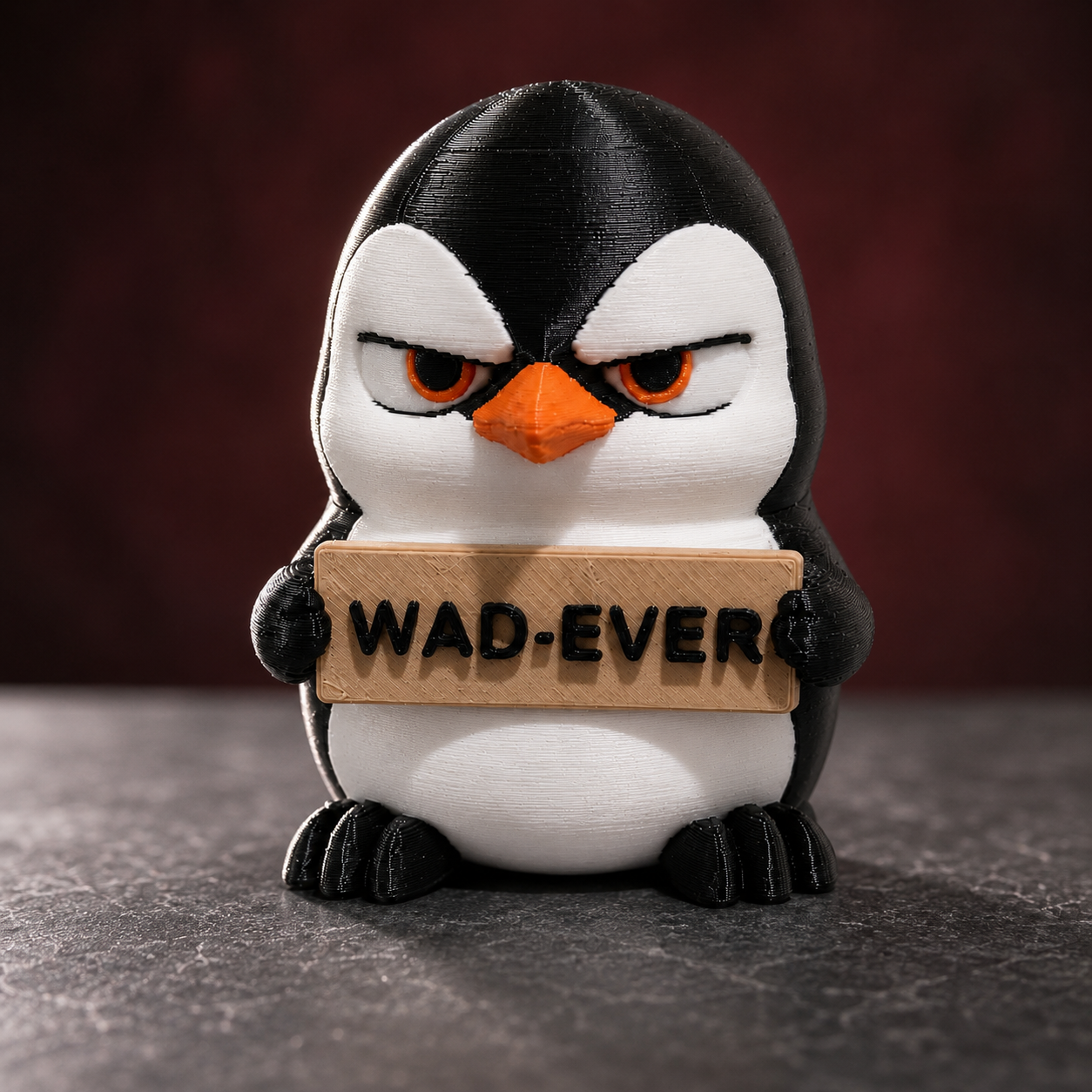 A 3D-printed penguin figurine holding a wooden sign that reads 'WAD-EVER'. The penguin has a black and white body with an orange beak and orange eyes.