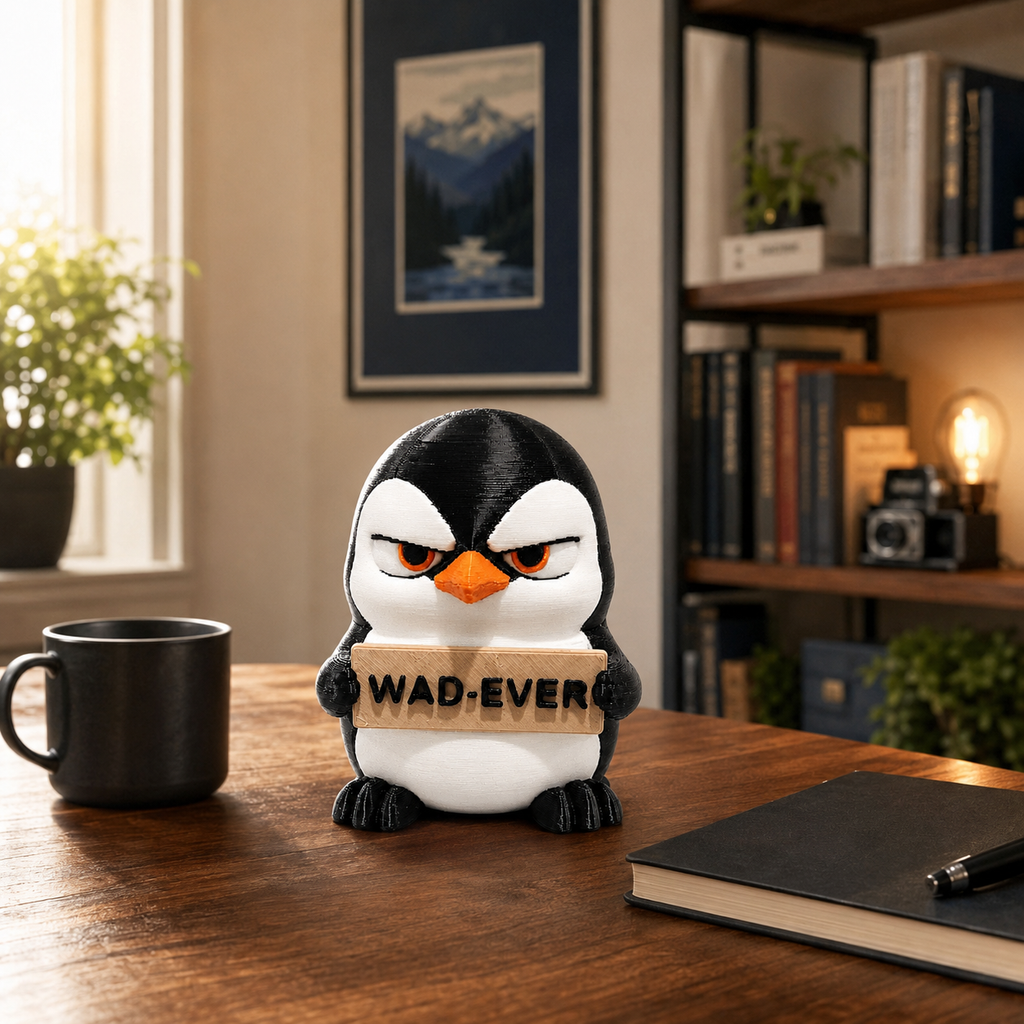 A penguin-shaped novelty container or figurine sits on a wooden table in a cozy indoor setting. The penguin has black and white coloring with an orange beak and holds a sign that reads 'WAD-EVER'.