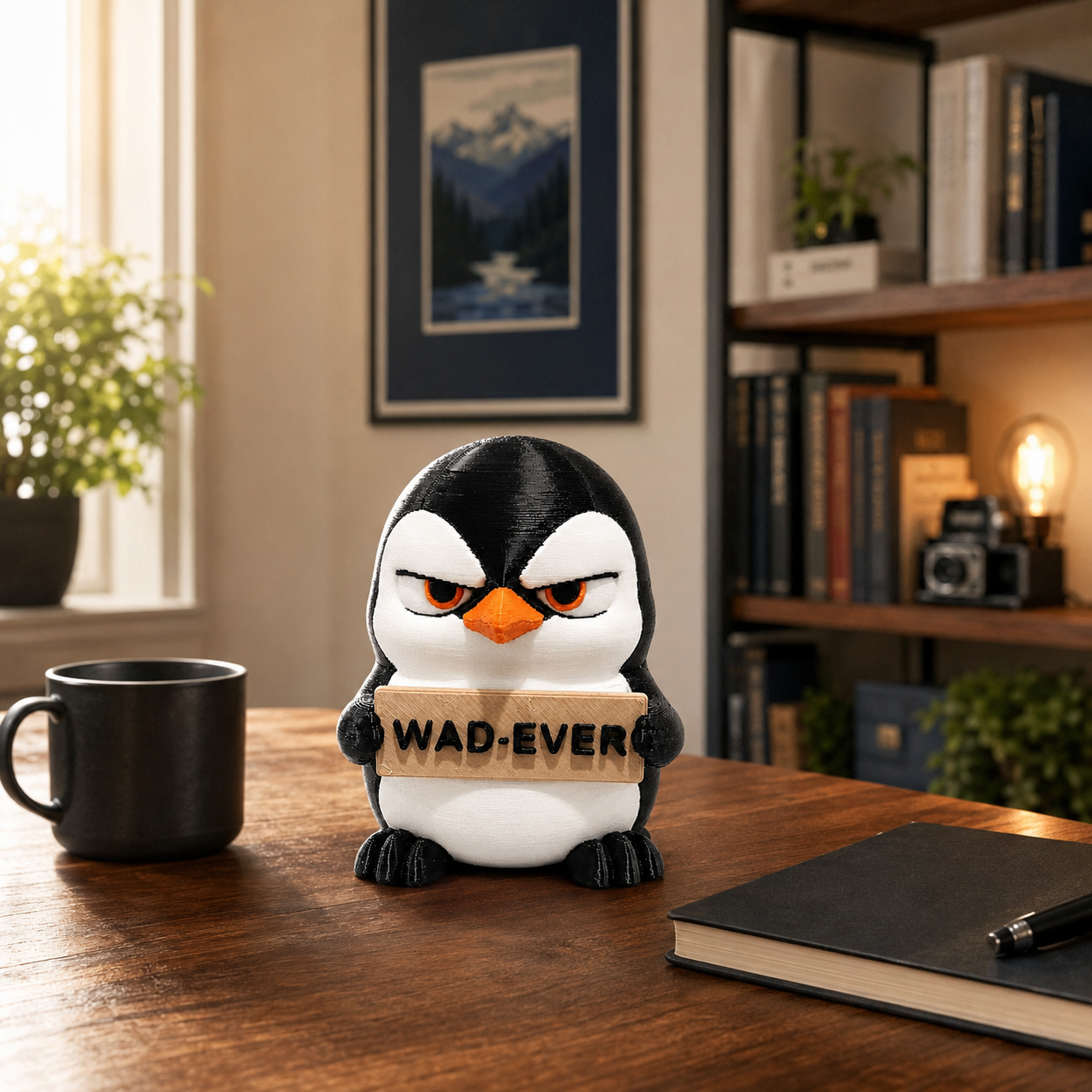 A penguin-shaped novelty container or figurine sits on a wooden table in a cozy indoor setting. The penguin has black and white coloring with an orange beak and holds a sign that reads 'WAD-EVER'.