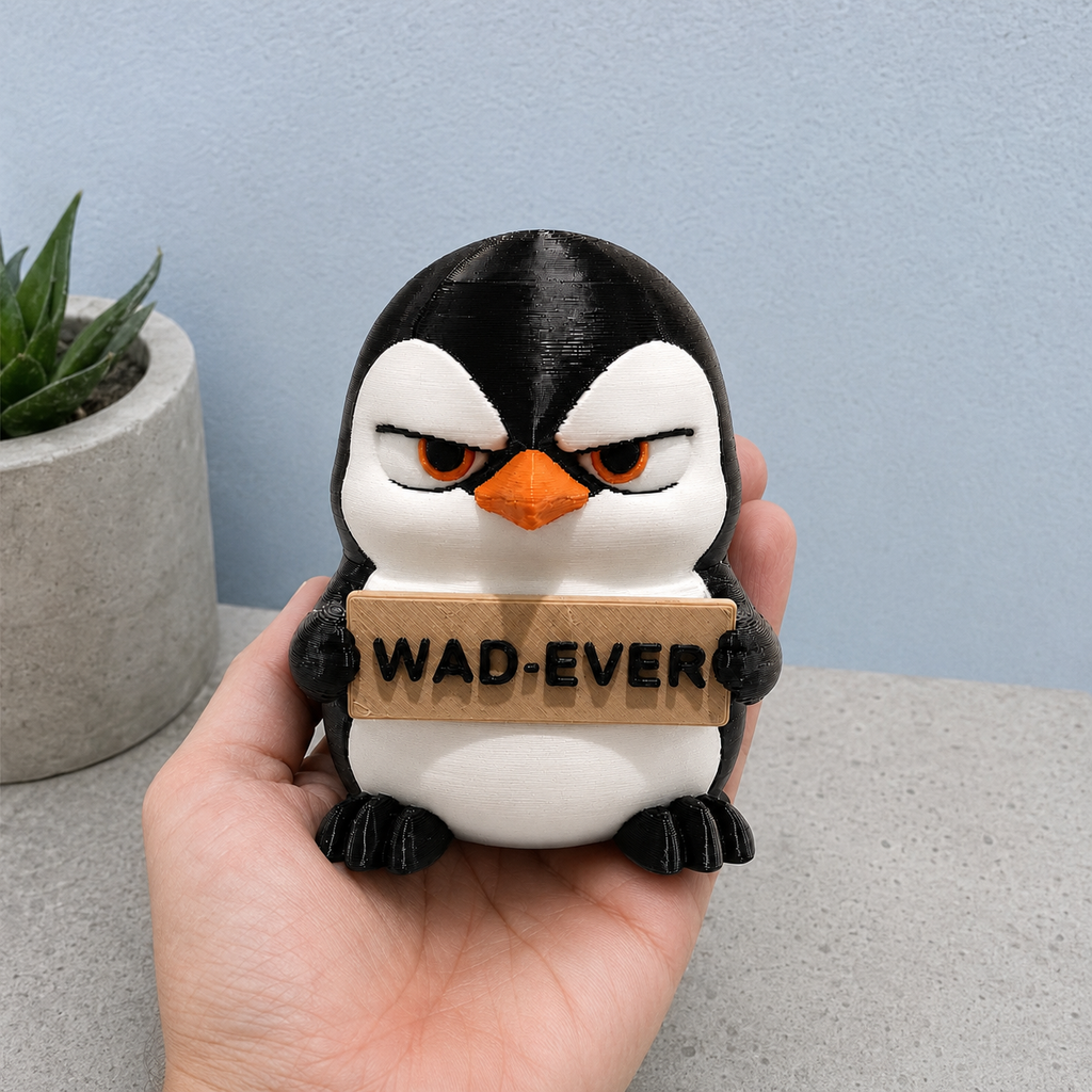 A hand holding a small penguin figurine with an angry expression, holding a sign that reads 'WAD-EVER'. The background shows a light blue wall and a small potted succulent.