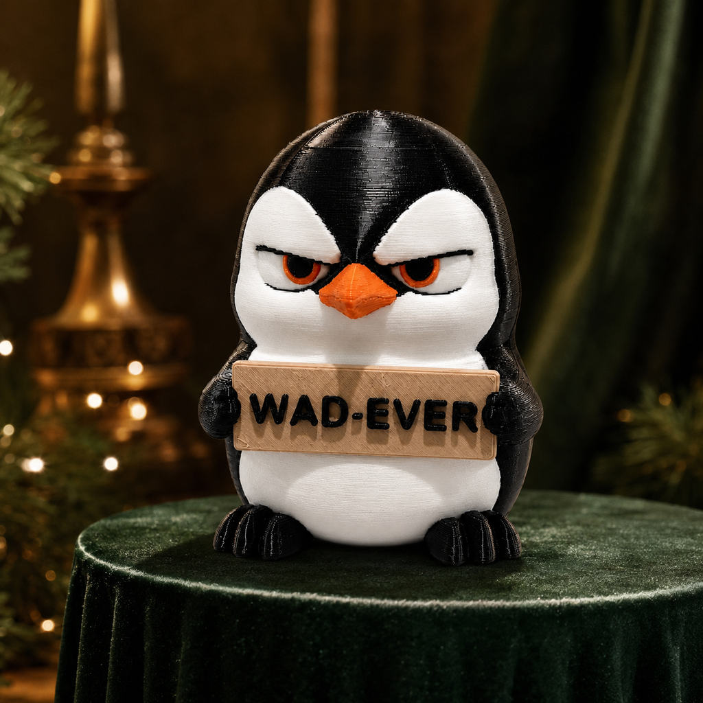 A penguin-shaped collectible figure with a black and white body, orange beak, and a cardboard sign reading 'WAD-EVER' held in front of its face, displayed on a dark green velvet-covered pedestal with a blurred festive background.