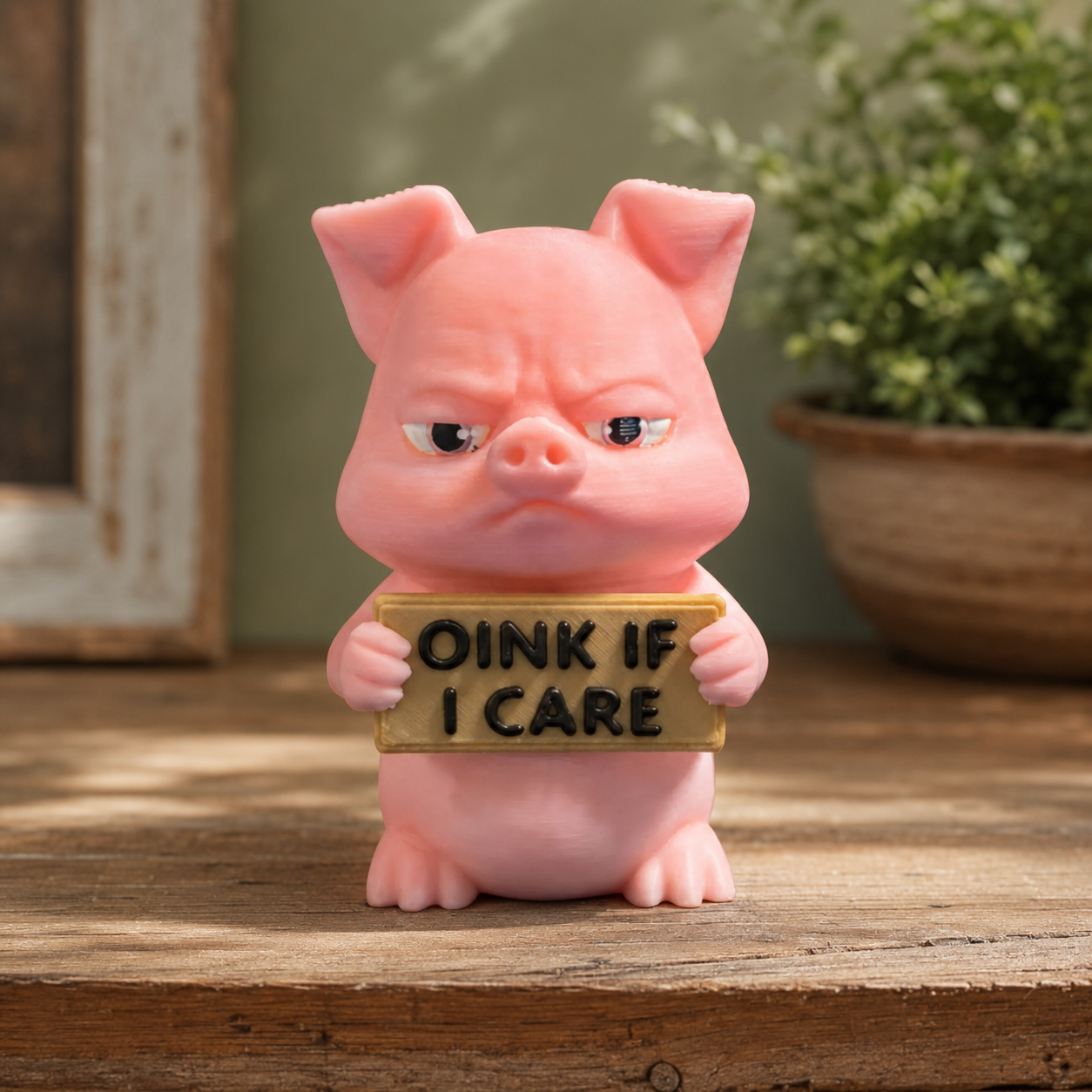 A pink pig figurine holding a wooden sign that reads 'OINK IF I CARE' in black letters, set on a rustic wooden surface with a blurred green plant and neutral background.