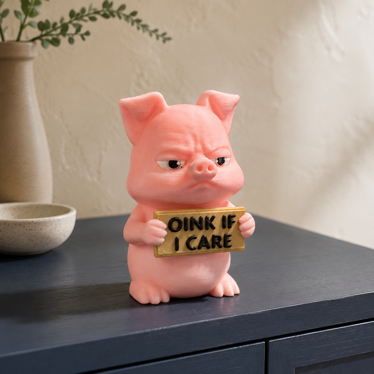 A pink pig figurine holding a small sign that reads 'OINK IF I CARE' in black letters, placed on a dark tabletop in an indoor setting with a vase and plant in the background.