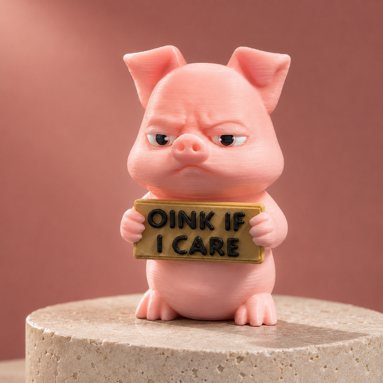 A pink pig figurine holding a gold sign that reads 'OINK IF I CARE', posed on a round stone pedestal against a warm dusty rose background.