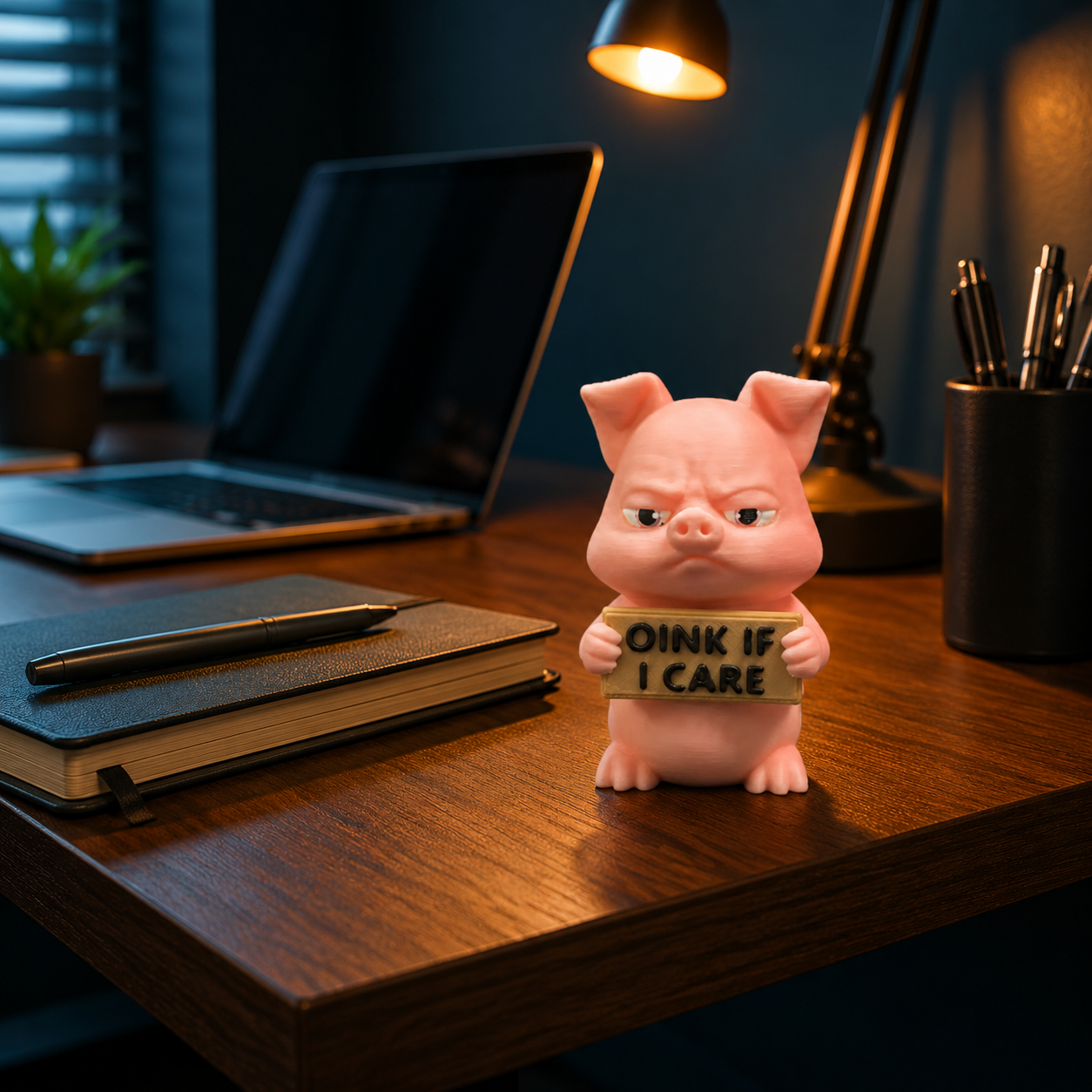 A pink pig figurine holding a sign that reads 'OINK IF I CARE' sits on a wooden desk in a dimly lit office setting with a laptop, notebook, lamp, and pen holder in the background.