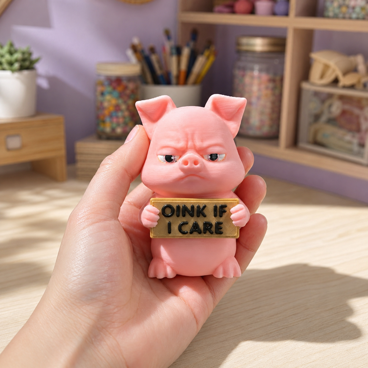 A hand holds a small pink pig figurine with a grumpy expression, holding a sign that reads 'OINK IF I CARE'. The background shows a softly blurred desk setup with shelves, jars, and stationery.