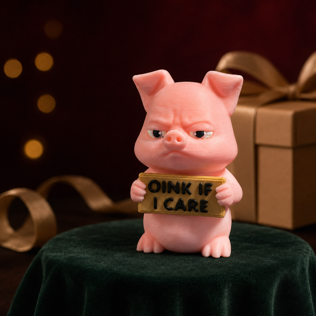 A pink pig figurine with an angry expression holds a gold sign that reads 'OINK IF I CARE'. The figurine is displayed on a dark green velvet-covered pedestal with a blurred brown gift box and gold ribbons in the background.