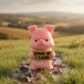 Pink pig figurine holding a sign with text on a gray background