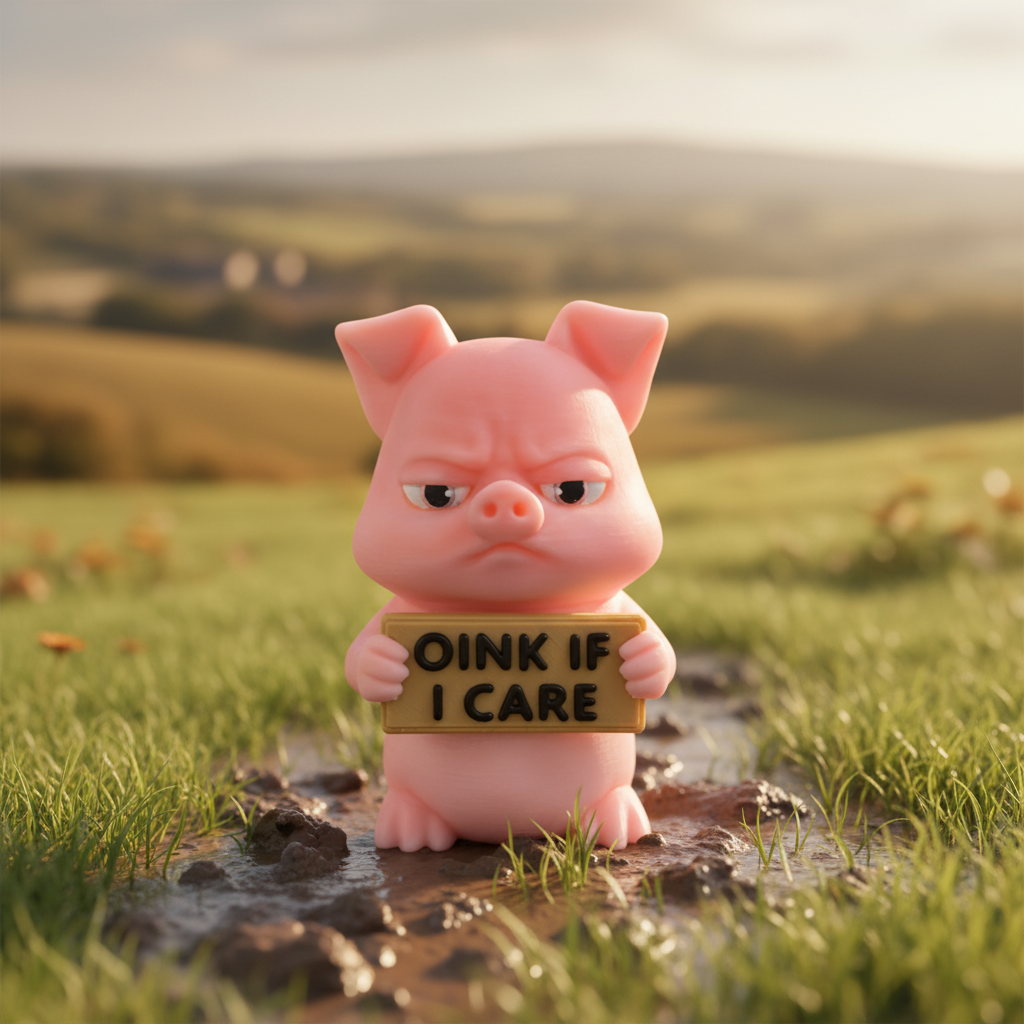 Pink pig figurine holding a sign with text on a gray background