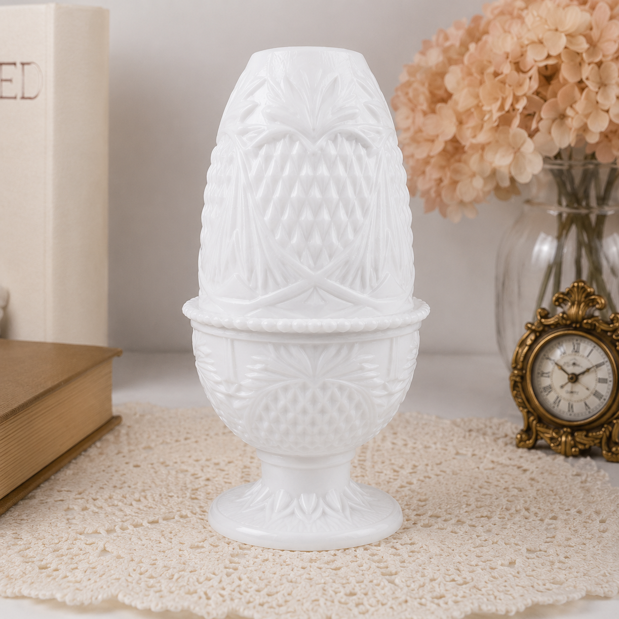 Vintage Pineapple Heart Fairy Lamp | 3D Printed Milk Glass Style LED Tealight Decor | Cottagecore Home Accent