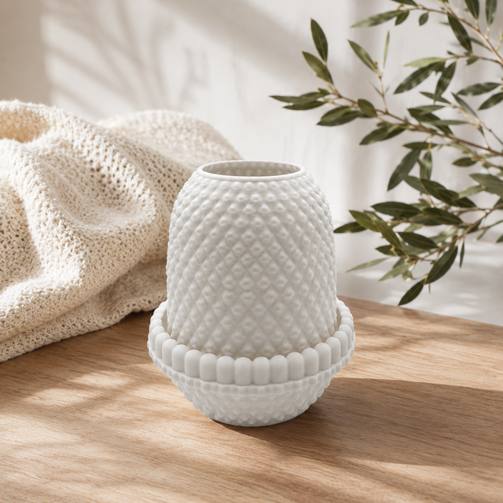 White hobnail fairy lamp with vintage milk glass style texture displayed in a bright lifestyle setting