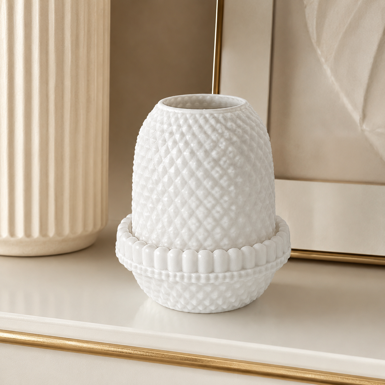 White vintage inspired hobnail fairy lamp displayed as a handmade decorative gift and shelf accent