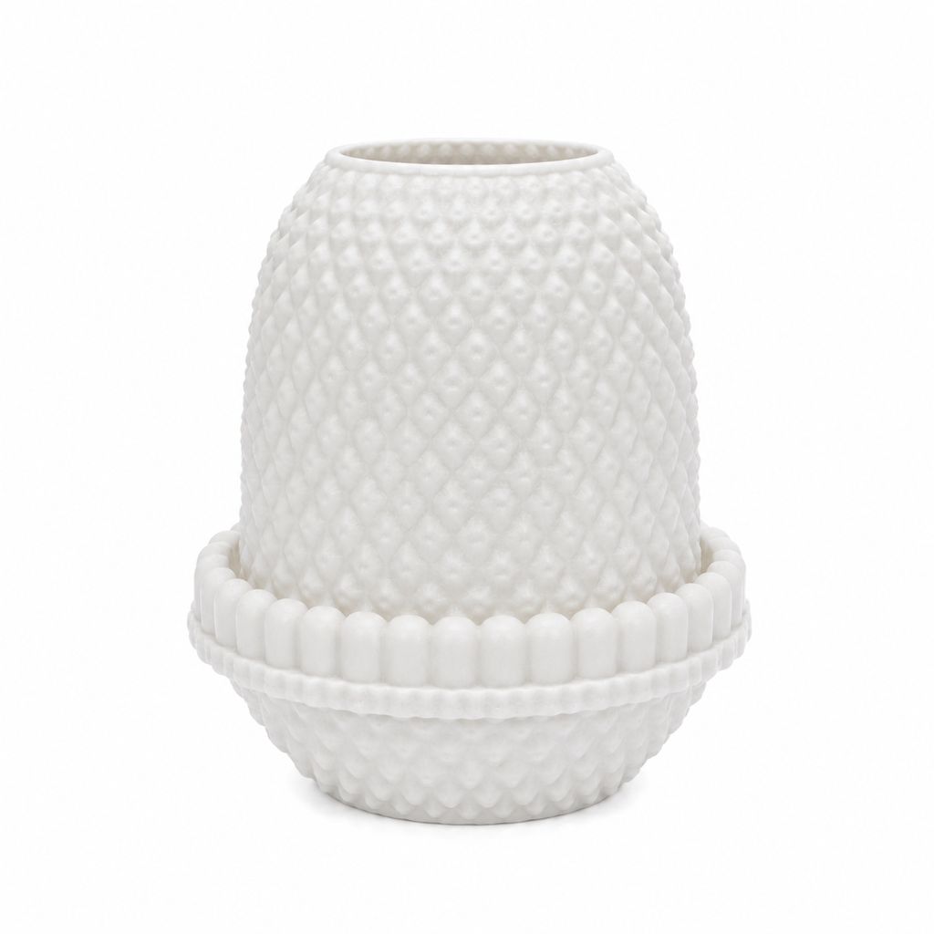 Back view of vintage inspired white fairy lamp with hobnail texture and decorative scalloped rim